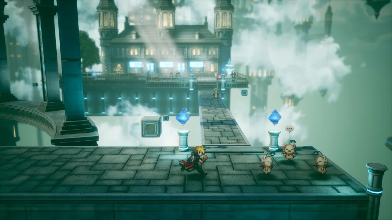 The party approaching a castle above cloud-covered platforms