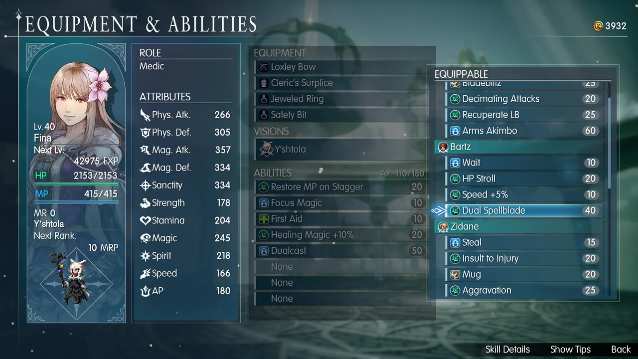 Equipment and Abilities menu showing ability selections and equipment costs