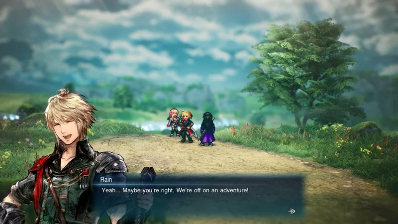 Rain and his companions beside a road in the countryside