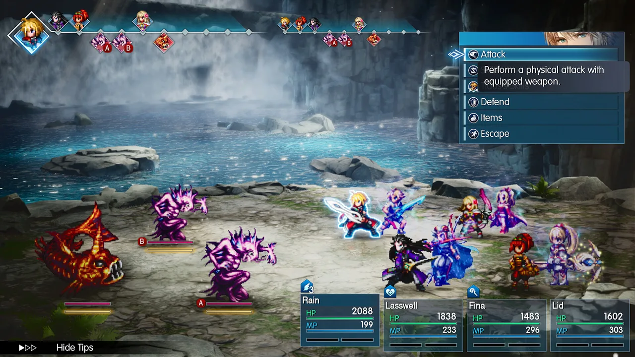 Turn-based battle screen with the action timeline above the party
